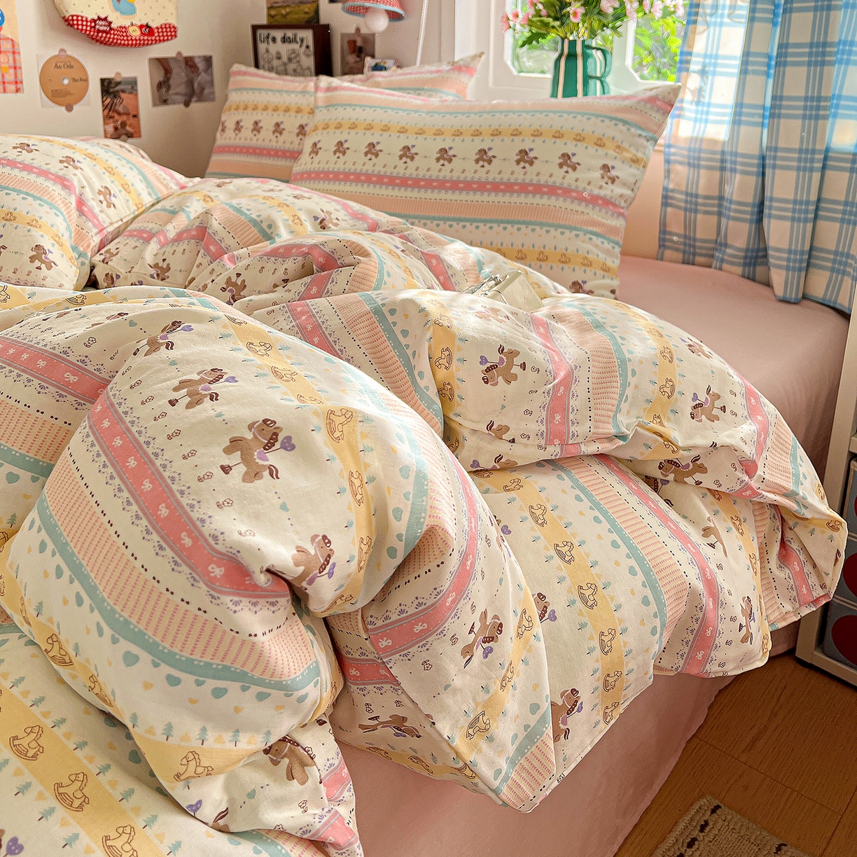 91家纺网 家纺一手货源 找家纺 焱博家纺 2026新款A类全棉双层纱系列单被套 星轨小木马