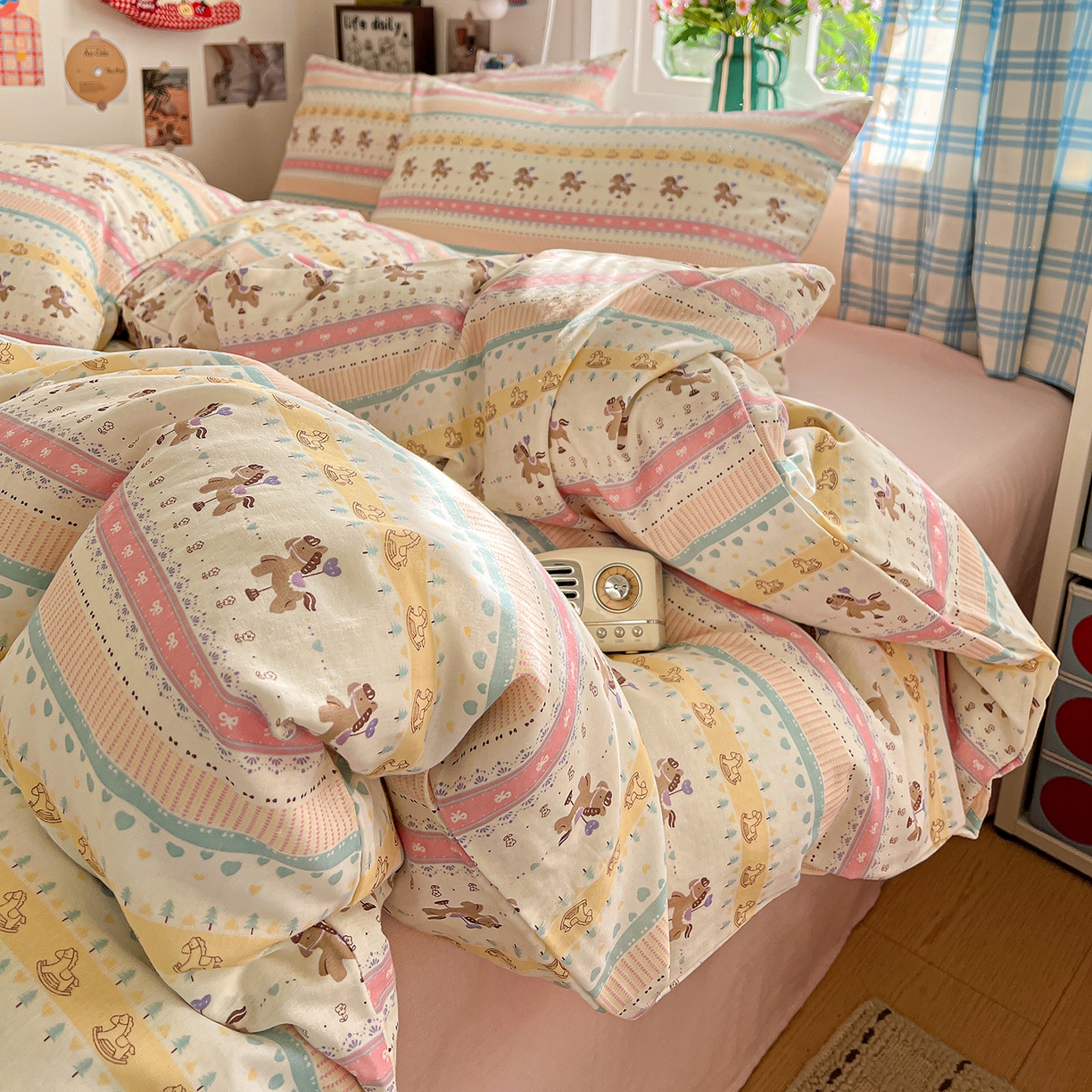 91家纺网 家纺一手货源 找家纺 焱博家纺 2026新款A类全棉双层纱系列单被套 星轨小木马