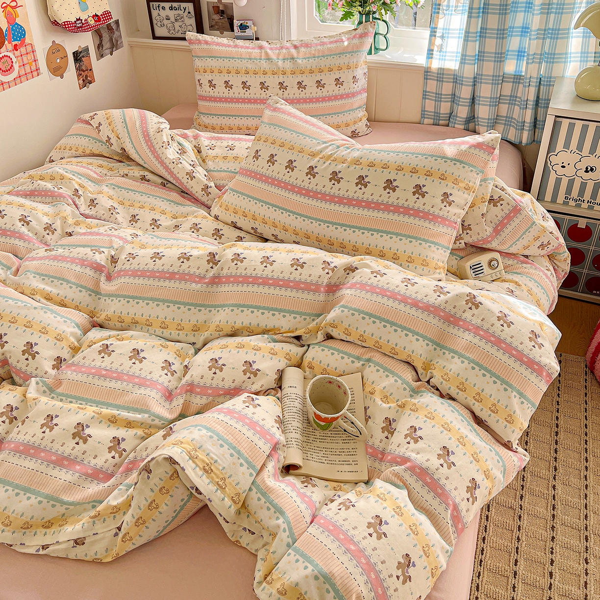 91家纺网 家纺一手货源 找家纺 焱博家纺 2026新款A类全棉双层纱系列单被套 星轨小木马