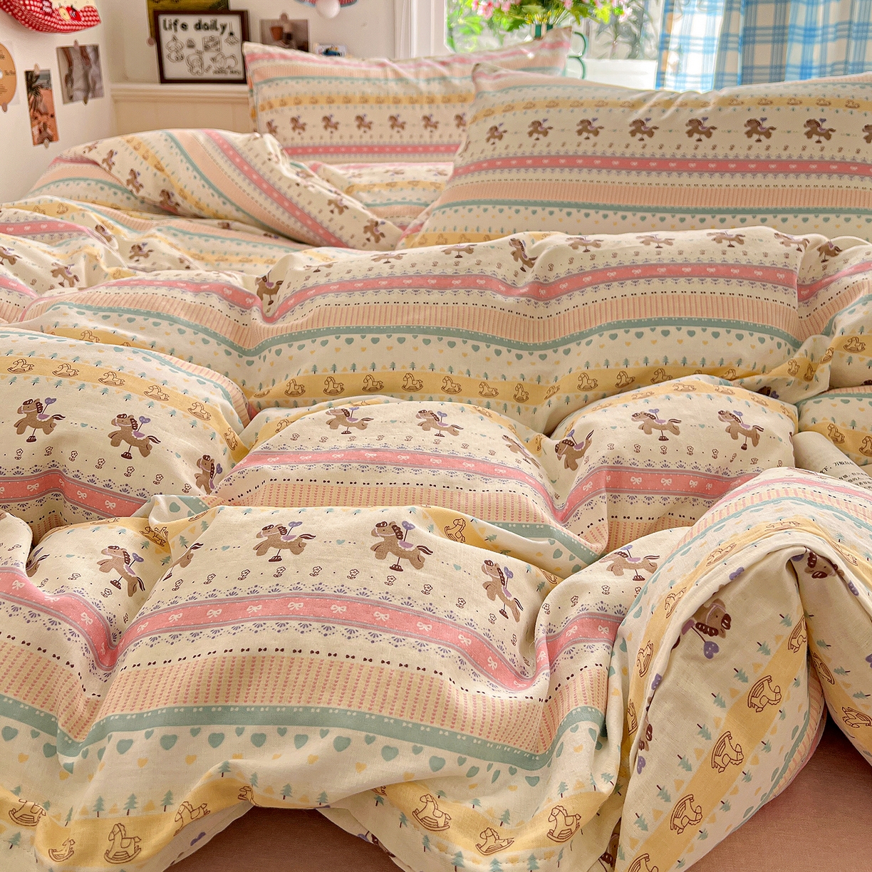 91家纺网 家纺一手货源 找家纺 焱博家纺 2026新款A类全棉双层纱系列单被套 星轨小木马