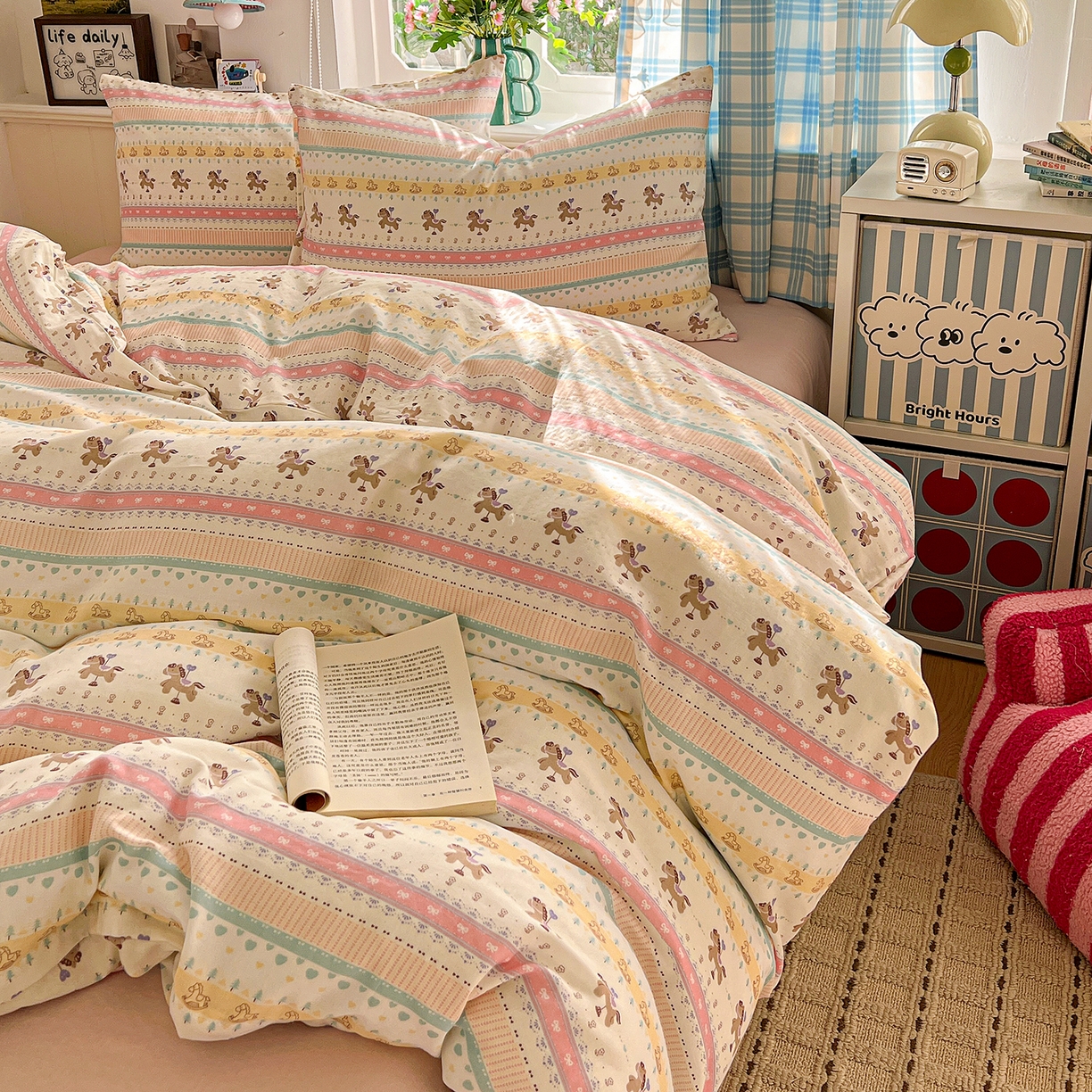 91家纺网 家纺一手货源 找家纺 焱博家纺 2026新款A类全棉双层纱系列单被套 星轨小木马