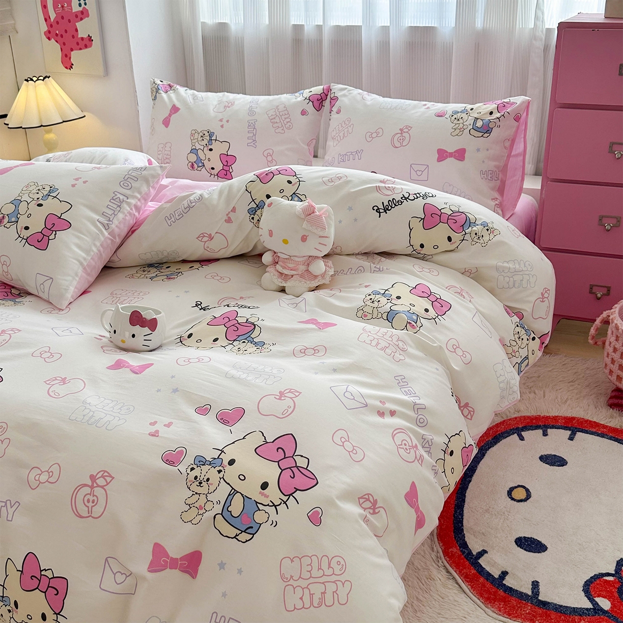 91家纺网 家纺一手货源 找家纺 玉元坊 2026新款正版授权三丽鸥系列全棉纯棉床单四件套学生三件套-凯蒂猫系列 凯蒂小熊【简约款】