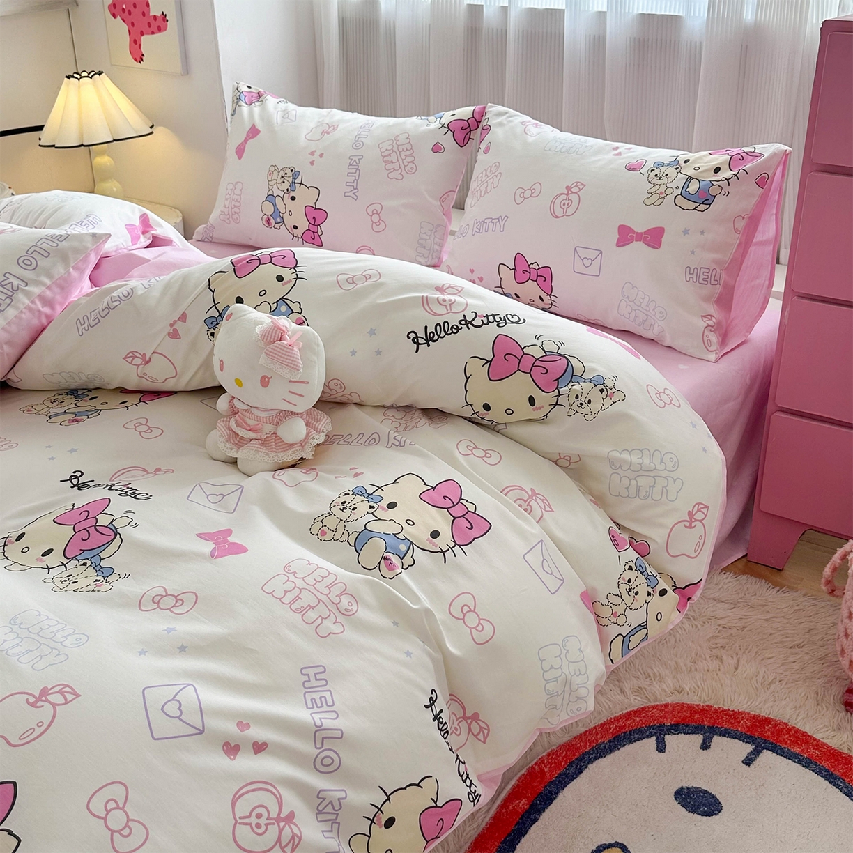 91家纺网 家纺一手货源 找家纺 玉元坊 2026新款正版授权三丽鸥系列全棉纯棉床单四件套学生三件套-凯蒂猫系列 凯蒂小熊【简约款】