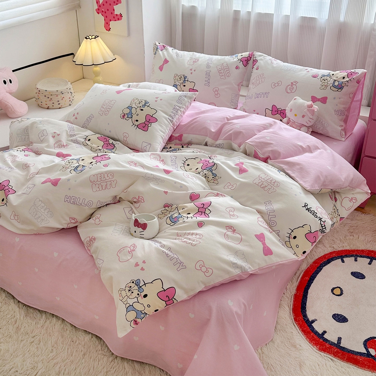 91家纺网 家纺一手货源 找家纺 玉元坊 2026新款正版授权三丽鸥系列全棉纯棉床单四件套学生三件套-凯蒂猫系列 凯蒂小熊【简约款】