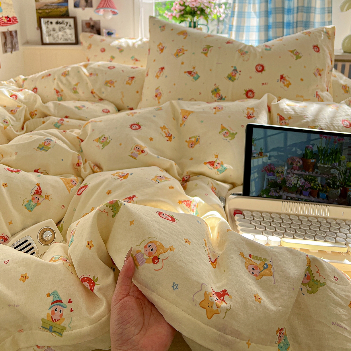 91家纺网 家纺一手货源 找家纺 焱博家纺 2026新款A类全棉双层纱系列单被套 星仔软糖