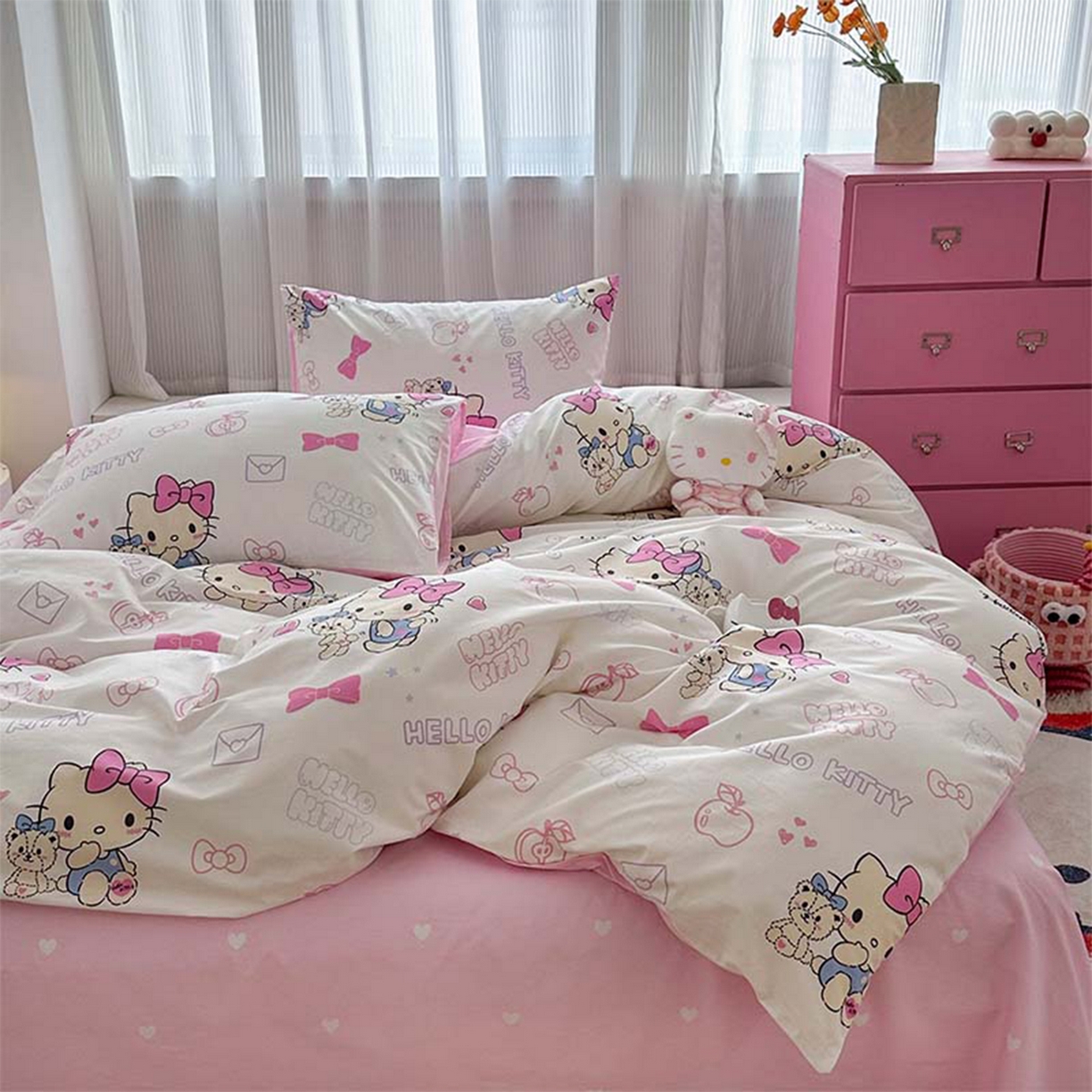 91家纺网 家纺一手货源 找家纺 玉元坊 2026新款正版授权三丽鸥系列全棉纯棉床单四件套学生三件套-凯蒂猫系列 凯蒂小熊【简约款】