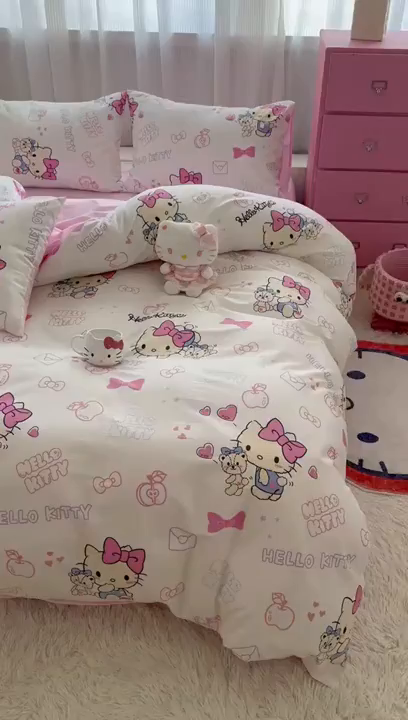 91家纺网 家纺一手货源 找家纺 玉元坊 2026新款正版授权三丽鸥系列全棉纯棉床单四件套学生三件套-凯蒂猫系列 凯蒂小熊【简约款】
