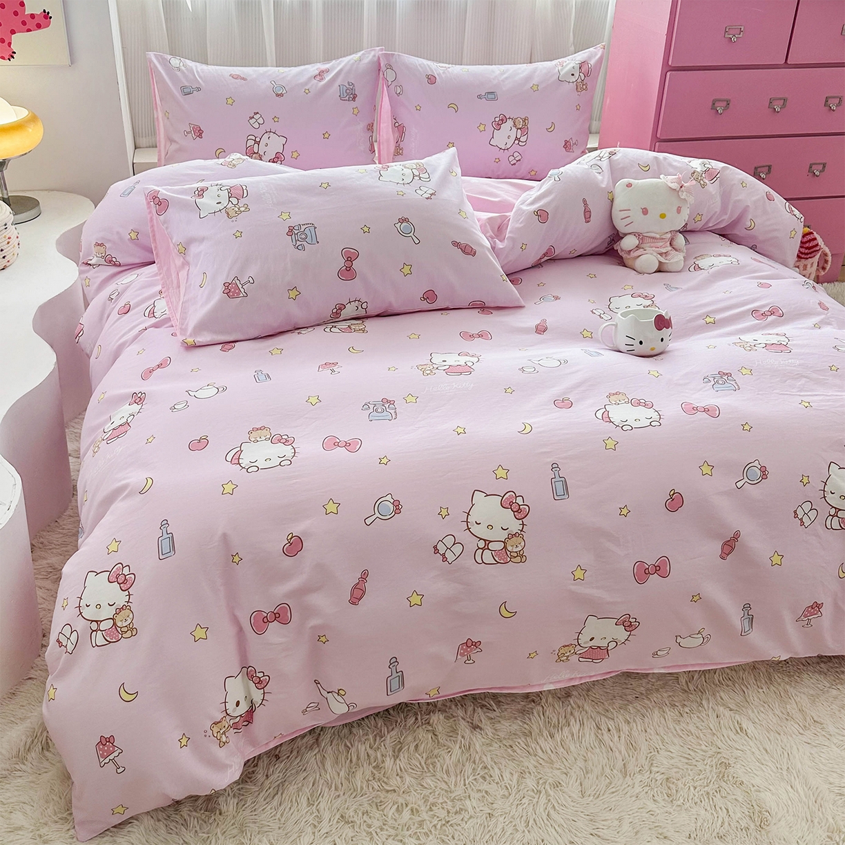 91家纺网 家纺一手货源 找家纺 玉元坊 2026新款正版授权三丽鸥系列全棉纯棉床单四件套学生三件套-凯蒂猫系列 美美凯蒂【简约款】