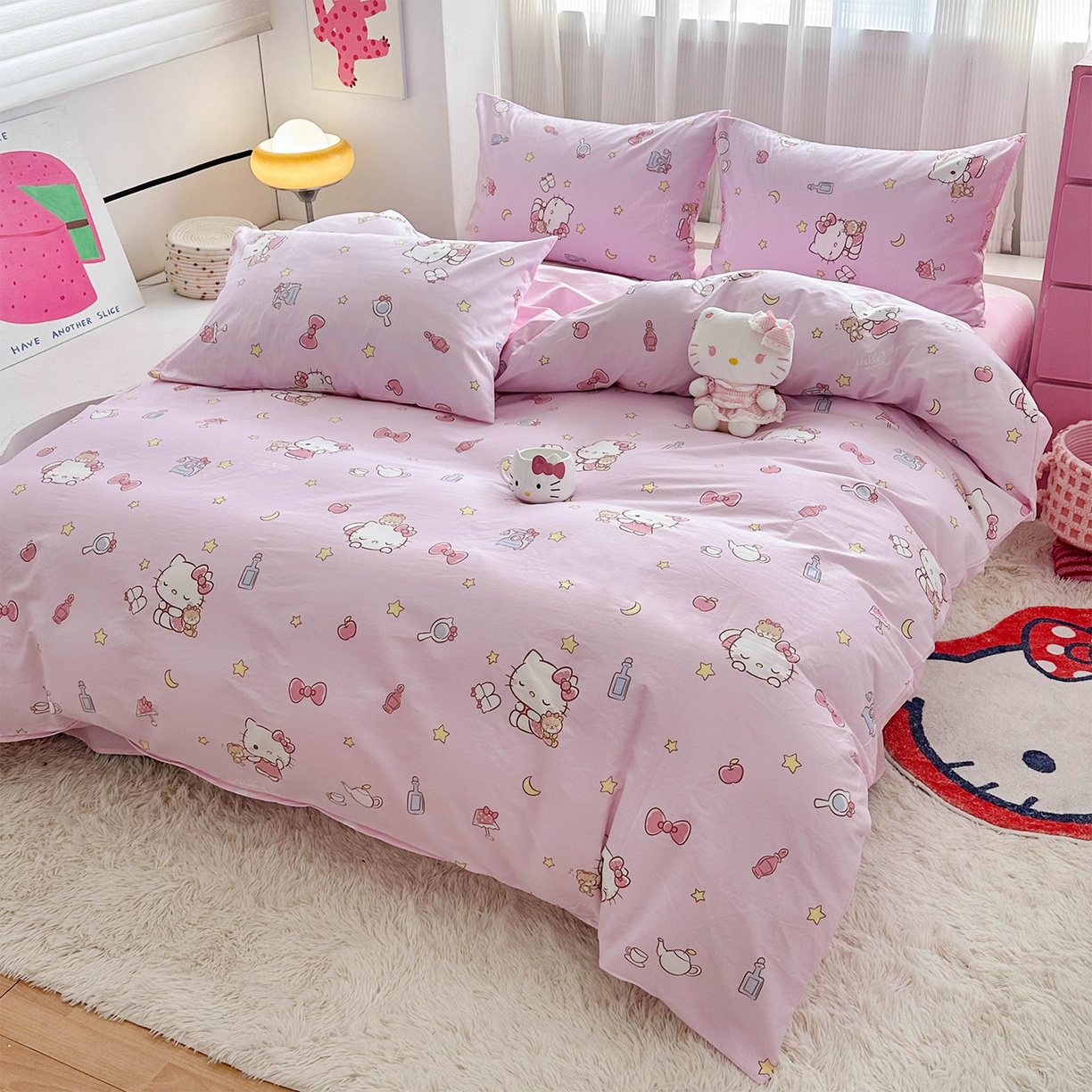 91家纺网 家纺一手货源 找家纺 玉元坊 2026新款正版授权三丽鸥系列全棉纯棉床单四件套学生三件套-凯蒂猫系列 美美凯蒂【简约款】