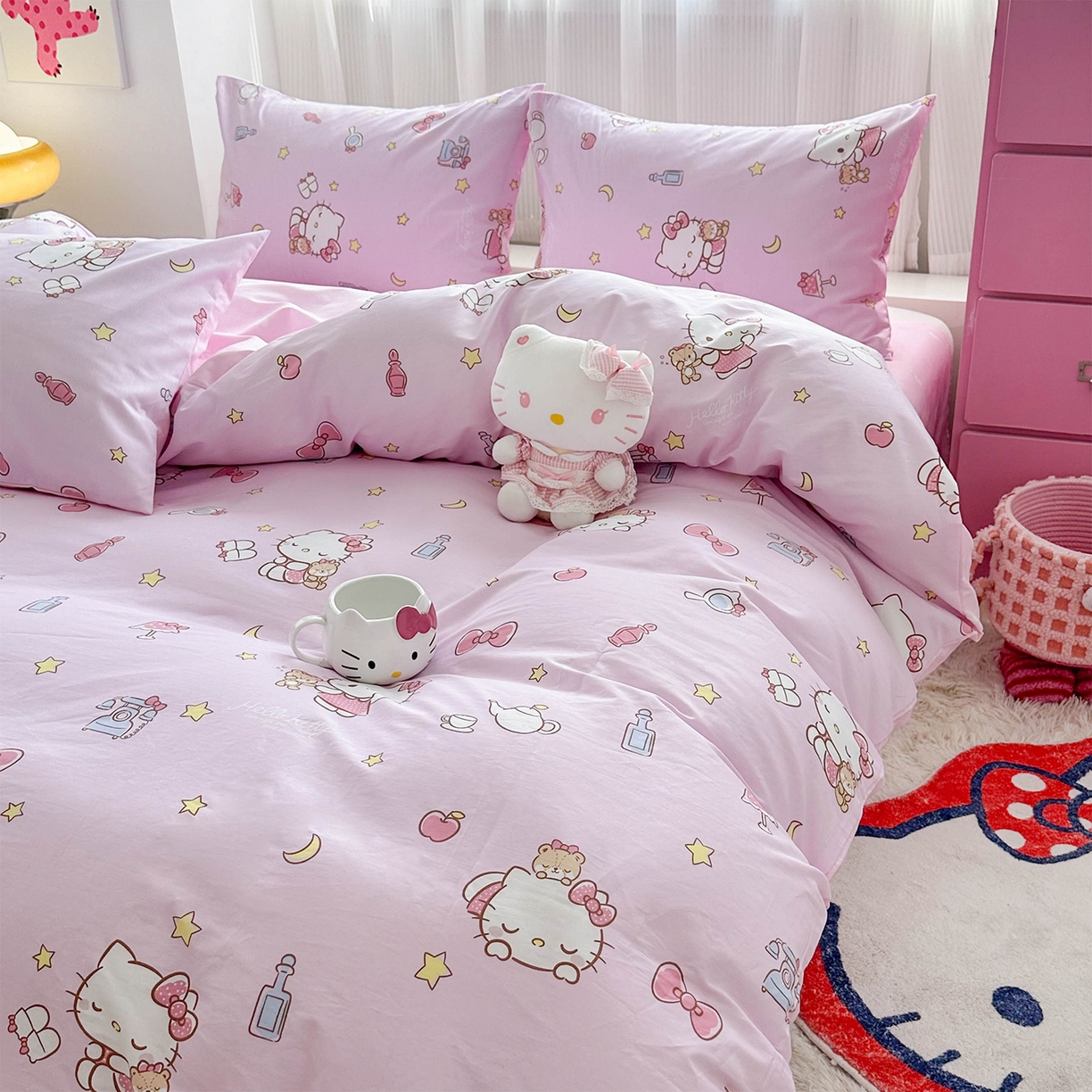 91家纺网 家纺一手货源 找家纺 玉元坊 2026新款正版授权三丽鸥系列全棉纯棉床单四件套学生三件套-凯蒂猫系列 美美凯蒂【简约款】