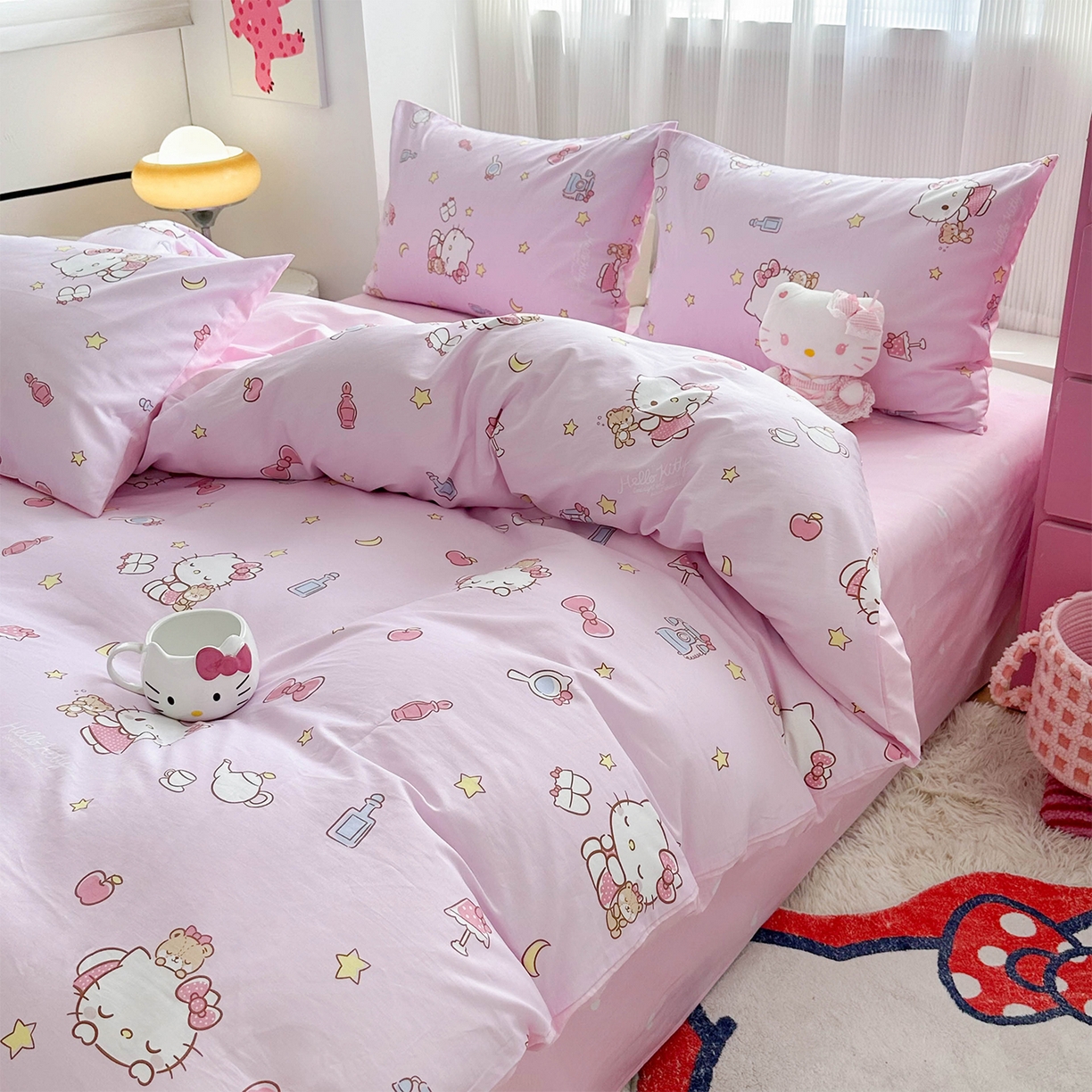 91家纺网 家纺一手货源 找家纺 玉元坊 2026新款正版授权三丽鸥系列全棉纯棉床单四件套学生三件套-凯蒂猫系列 美美凯蒂【简约款】