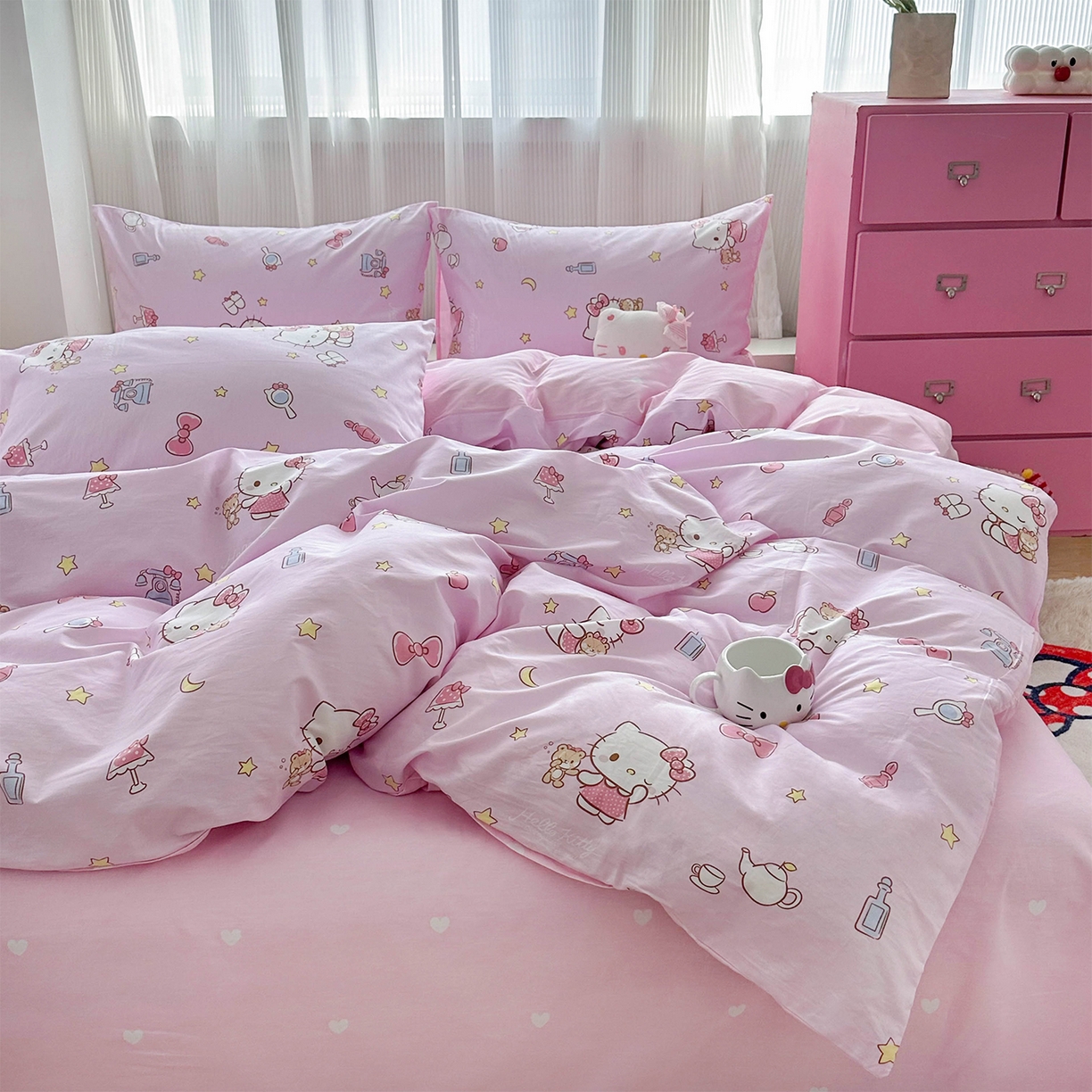 91家纺网 家纺一手货源 找家纺 玉元坊 2026新款正版授权三丽鸥系列全棉纯棉床单四件套学生三件套-凯蒂猫系列 美美凯蒂【简约款】