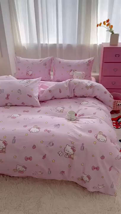 91家纺网 家纺一手货源 找家纺 玉元坊 2026新款正版授权三丽鸥系列全棉纯棉床单四件套学生三件套-凯蒂猫系列 美美凯蒂【简约款】