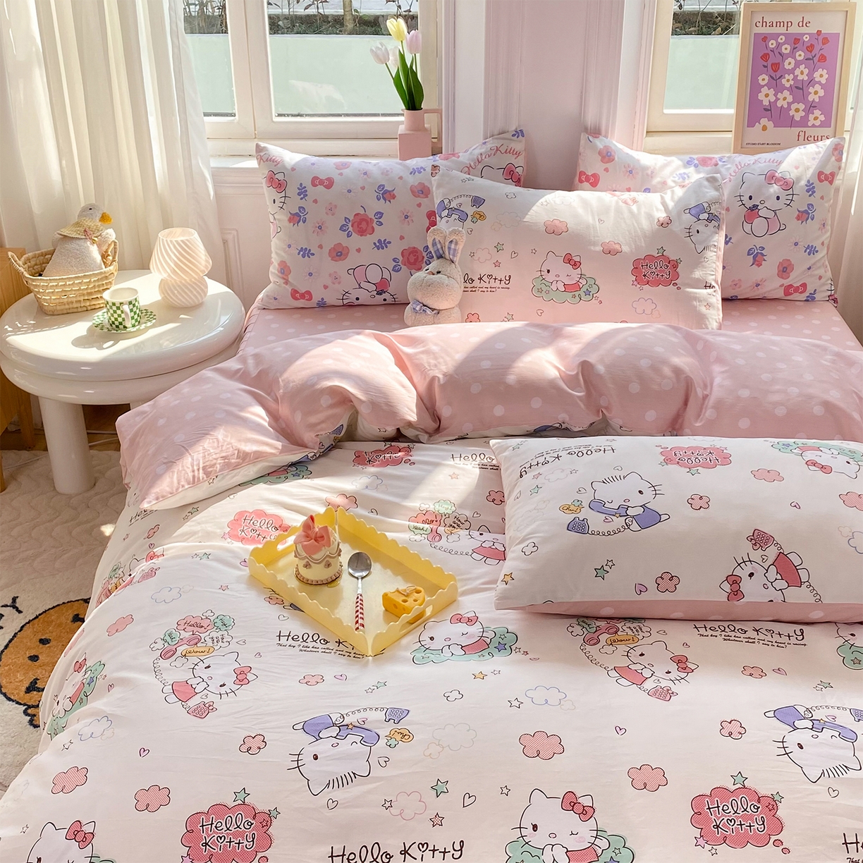 91家纺网 家纺一手货源 找家纺 玉元坊 2026新款正版授权三丽鸥系列全棉纯棉床单四件套学生三件套-凯蒂猫系列 甜心kt【简约款】