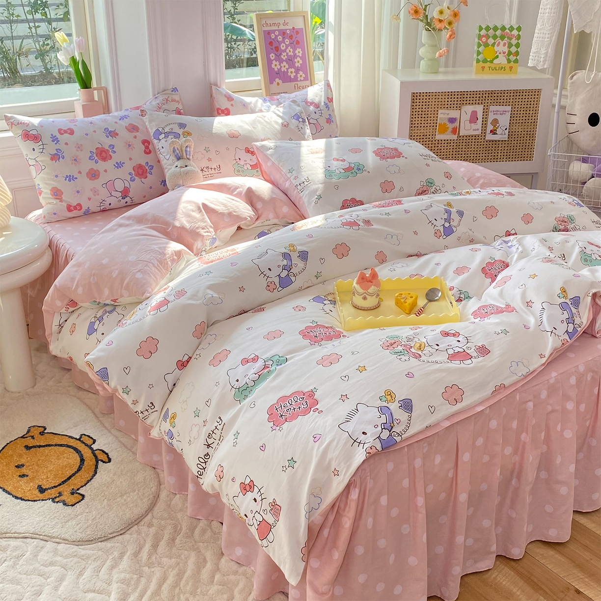 91家纺网 家纺一手货源 找家纺 玉元坊 2026新款正版授权三丽鸥系列全棉纯棉床单四件套学生三件套-凯蒂猫系列 甜心kt【简约款】