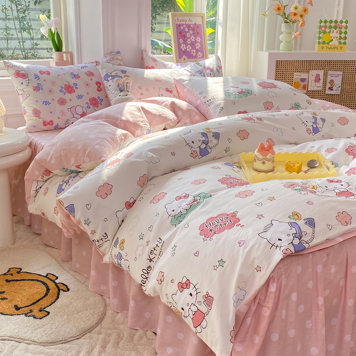 91家纺网 家纺一手货源 找家纺 玉元坊 2026新款正版授权三丽鸥系列全棉纯棉床单四件套学生三件套-凯蒂猫系列 甜心kt【简约款】