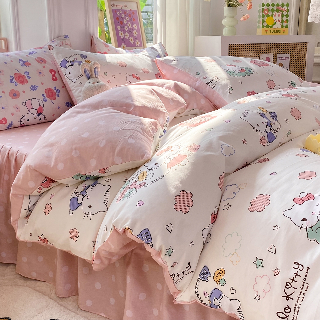 91家纺网 家纺一手货源 找家纺 玉元坊 2026新款正版授权三丽鸥系列全棉纯棉床单四件套学生三件套-凯蒂猫系列 甜心kt【简约款】