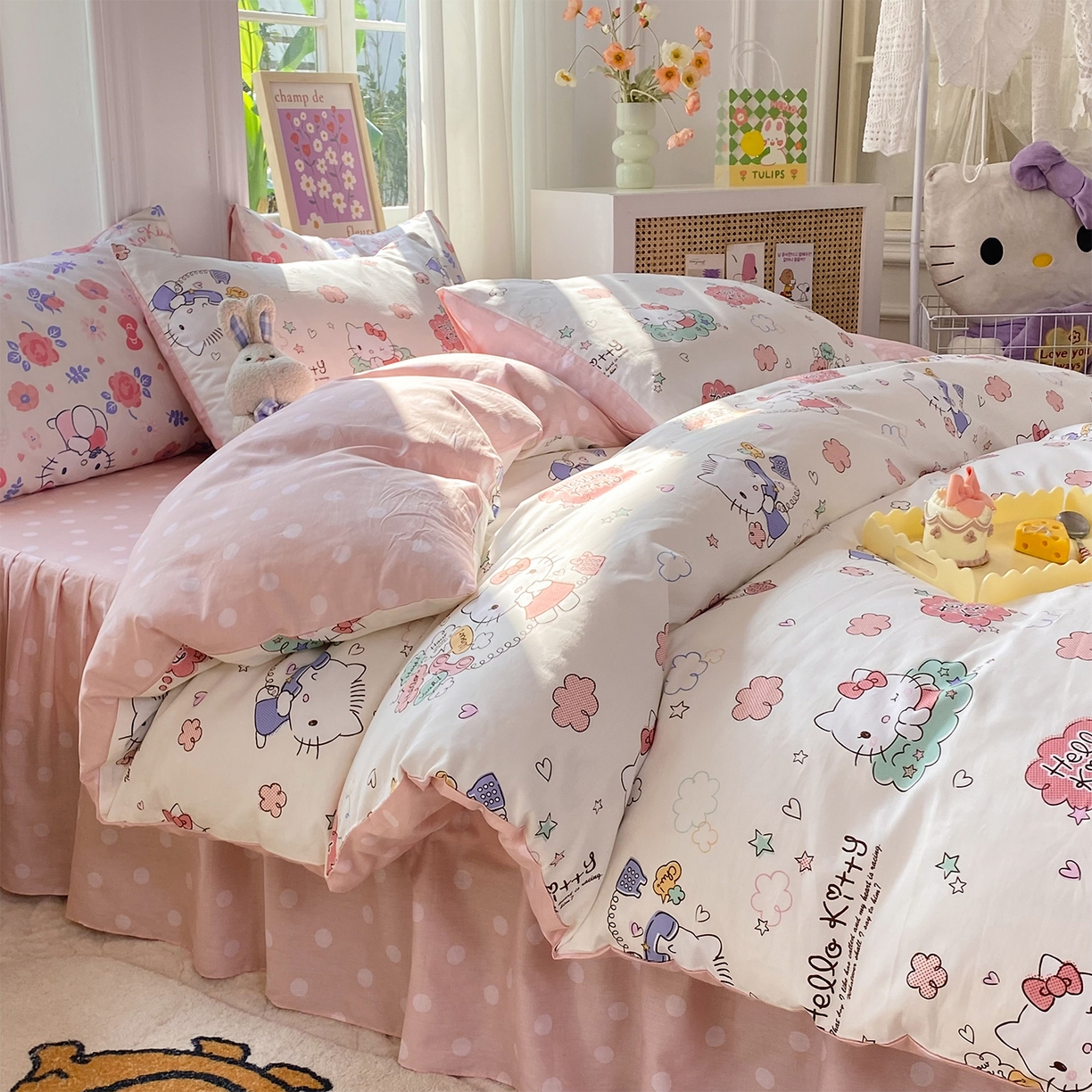 91家纺网 家纺一手货源 找家纺 玉元坊 2026新款正版授权三丽鸥系列全棉纯棉床单四件套学生三件套-凯蒂猫系列 甜心kt【简约款】