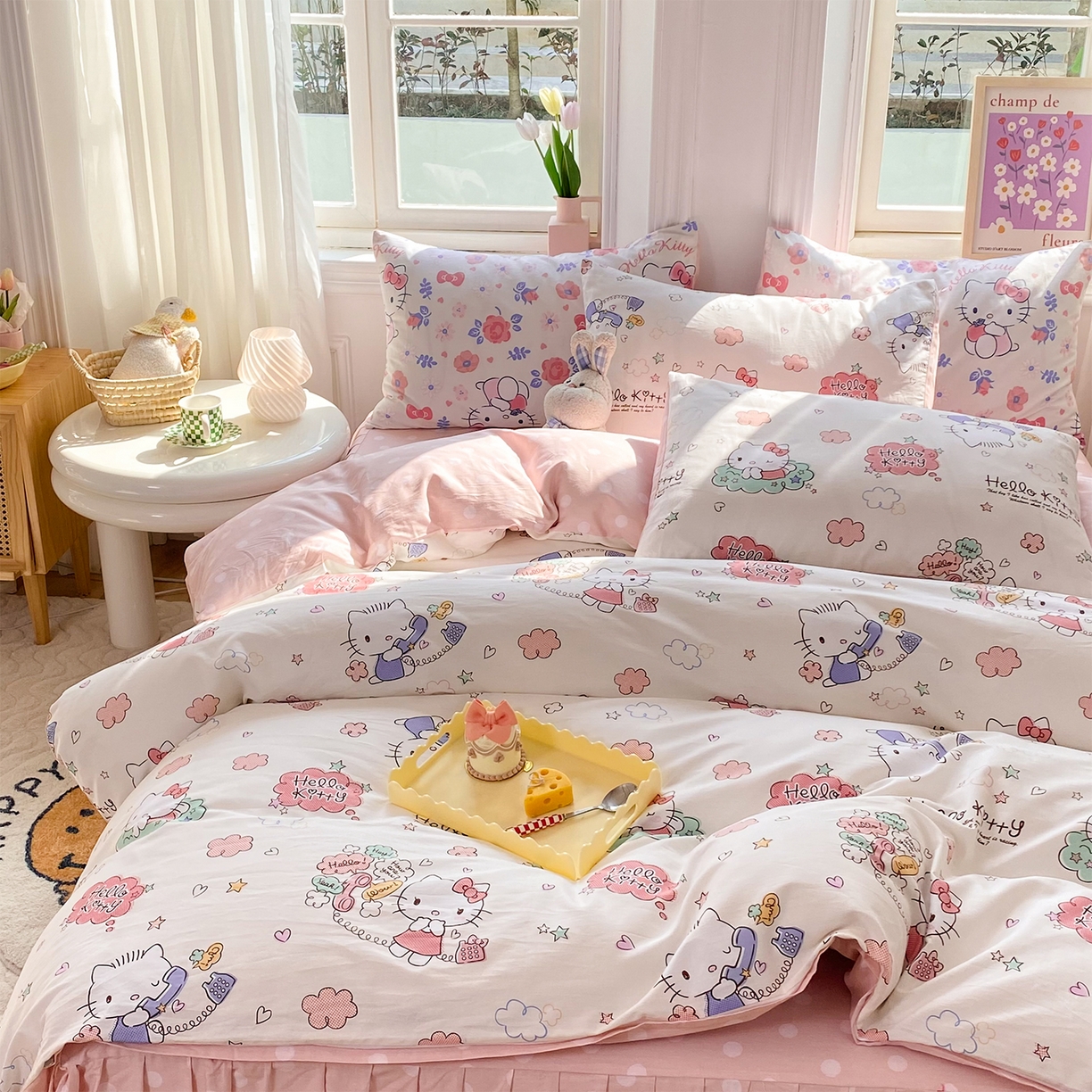 91家纺网 家纺一手货源 找家纺 玉元坊 2026新款正版授权三丽鸥系列全棉纯棉床单四件套学生三件套-凯蒂猫系列 甜心kt【简约款】