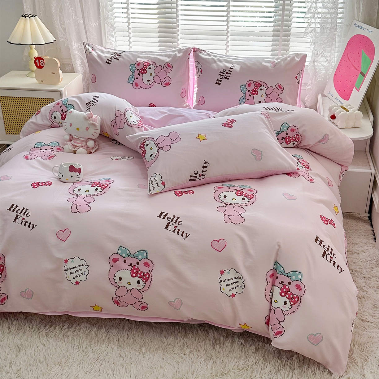 91家纺网 家纺一手货源 找家纺 玉元坊 2026新款正版授权三丽鸥系列全棉纯棉床单四件套学生三件套-凯蒂猫系列 babyKT【简约款】