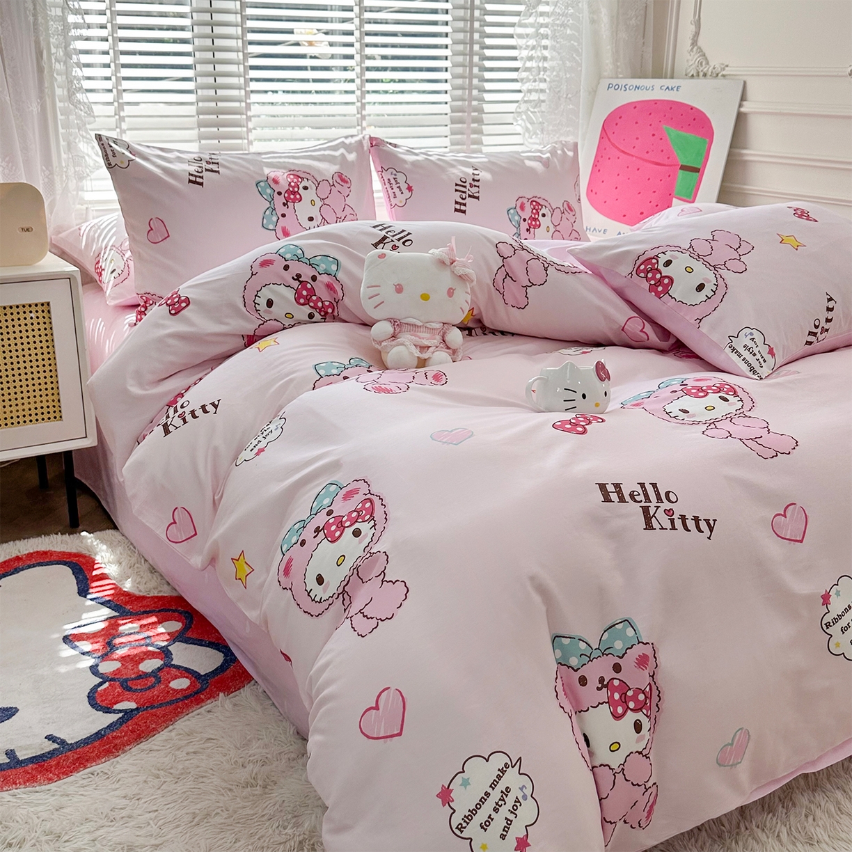 91家纺网 家纺一手货源 找家纺 玉元坊 2026新款正版授权三丽鸥系列全棉纯棉床单四件套学生三件套-凯蒂猫系列 babyKT【简约款】