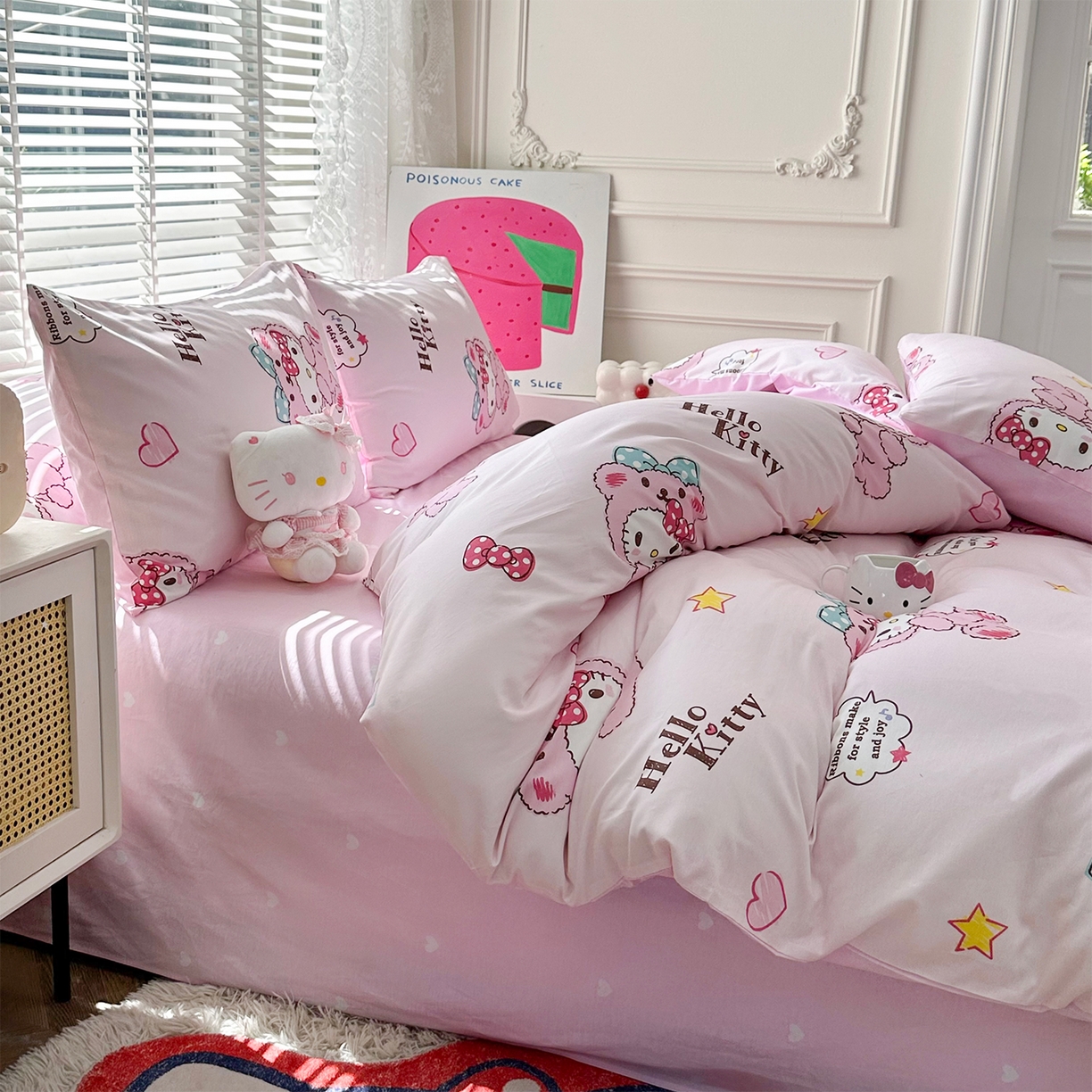 91家纺网 家纺一手货源 找家纺 玉元坊 2026新款正版授权三丽鸥系列全棉纯棉床单四件套学生三件套-凯蒂猫系列 babyKT【简约款】