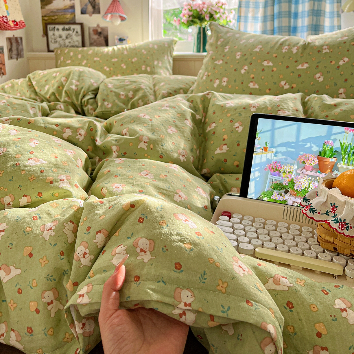 91家纺网 家纺一手货源 找家纺 焱博家纺 2026新款A类全棉双层纱系列单被套 长鼻子花园