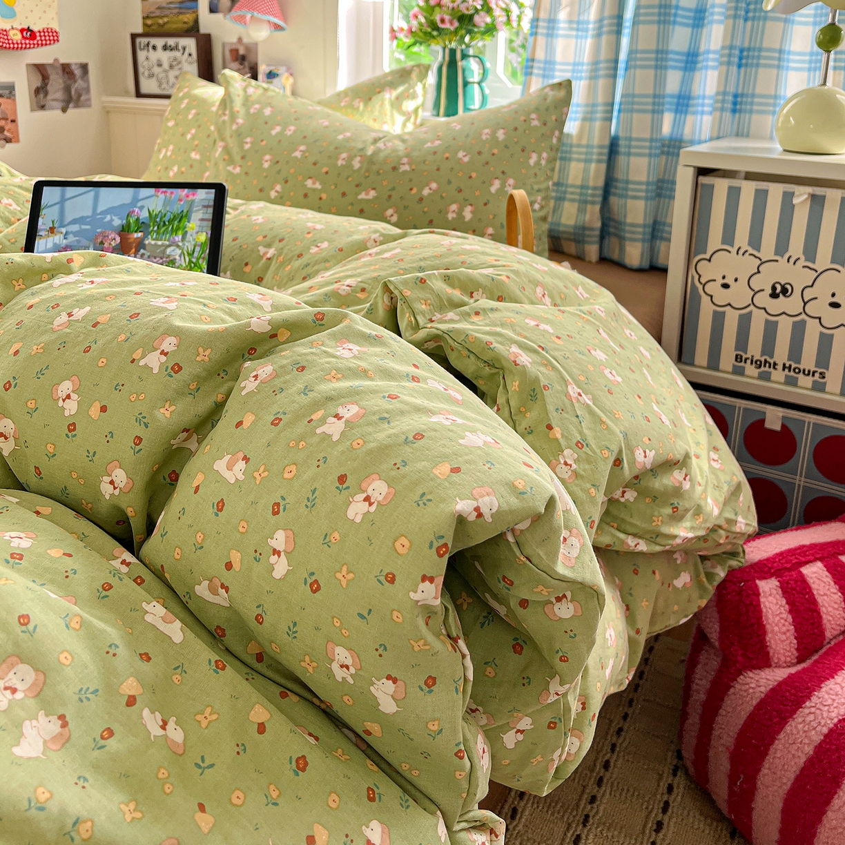 91家纺网 家纺一手货源 找家纺 焱博家纺 2026新款A类全棉双层纱系列单被套 长鼻子花园