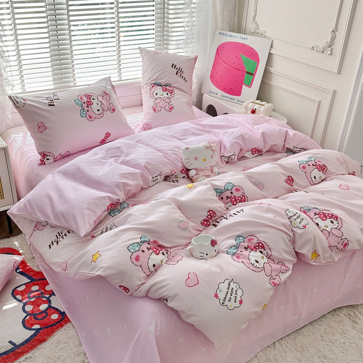 91家纺网 家纺一手货源 找家纺 玉元坊 2026新款正版授权三丽鸥系列全棉纯棉床单四件套学生三件套-凯蒂猫系列 babyKT【简约款】