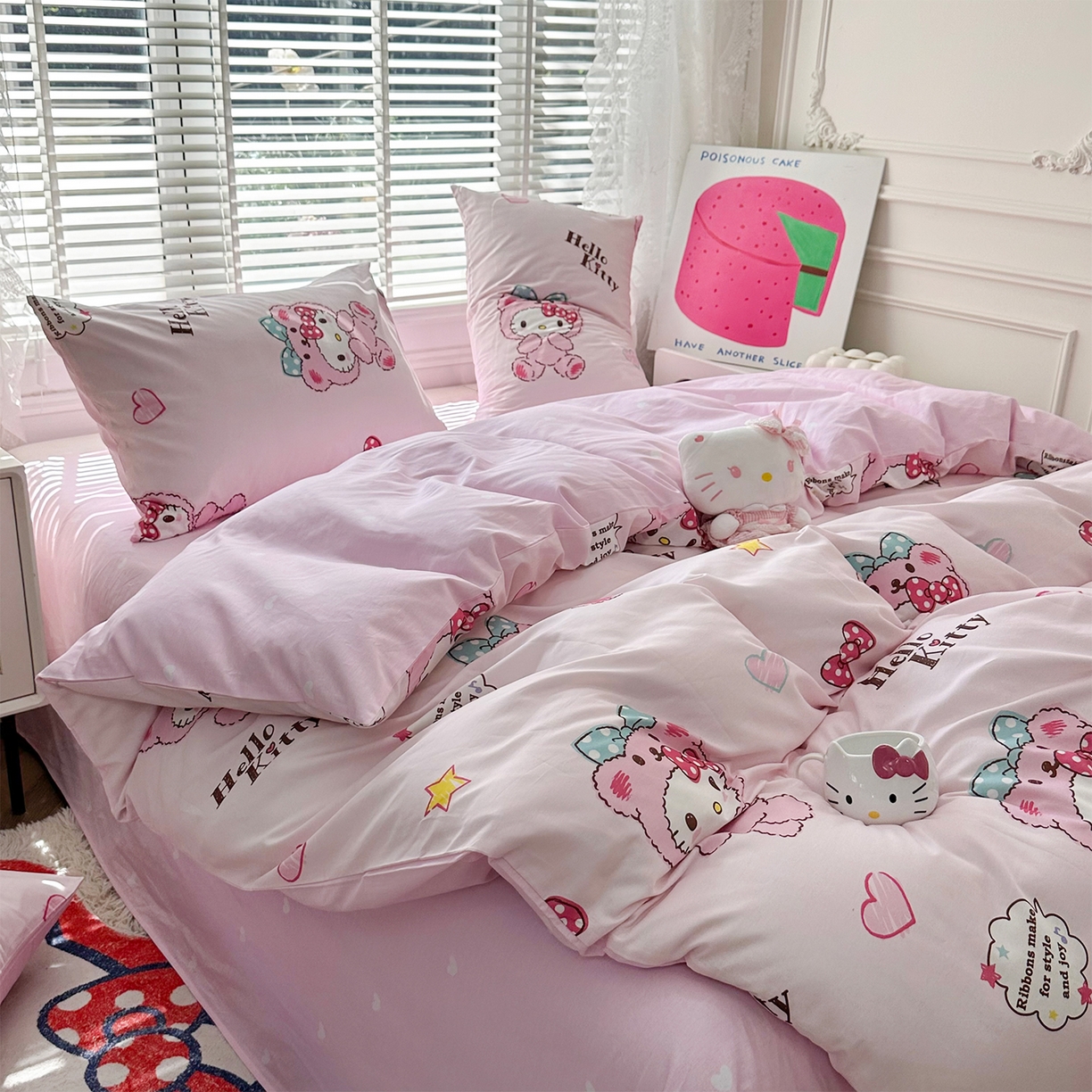 91家纺网 家纺一手货源 找家纺 玉元坊 2026新款正版授权三丽鸥系列全棉纯棉床单四件套学生三件套-凯蒂猫系列 babyKT【简约款】