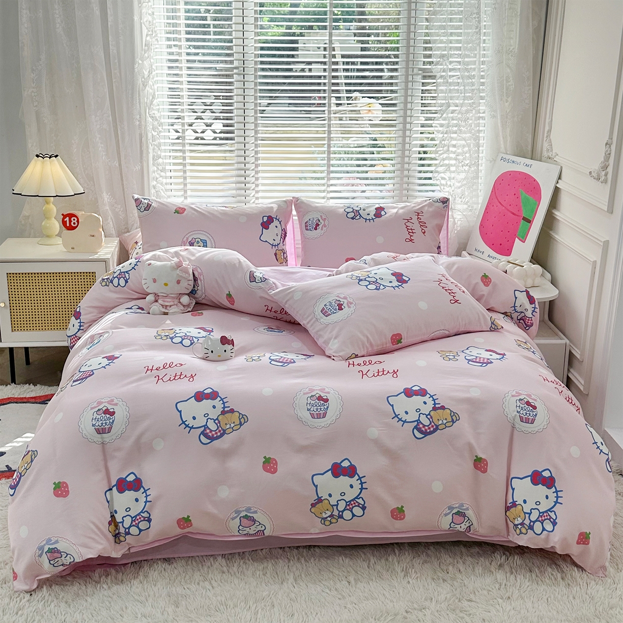 玉元坊 2026新款正版授权三丽鸥系列全棉纯棉床单四件套学生三件套-凯蒂猫系列 KT和熊粉【简约款】