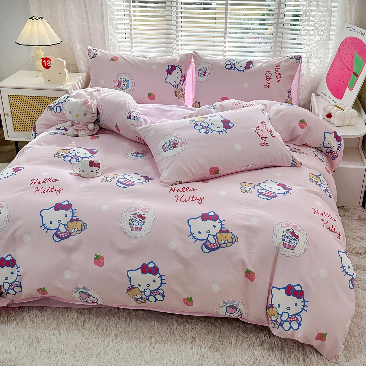 91家纺网 家纺一手货源 找家纺 玉元坊 2026新款正版授权三丽鸥系列全棉纯棉床单四件套学生三件套-凯蒂猫系列 KT和熊粉【简约款】