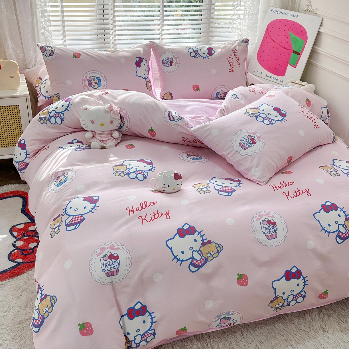 91家纺网 家纺一手货源 找家纺 玉元坊 2026新款正版授权三丽鸥系列全棉纯棉床单四件套学生三件套-凯蒂猫系列 KT和熊粉【简约款】