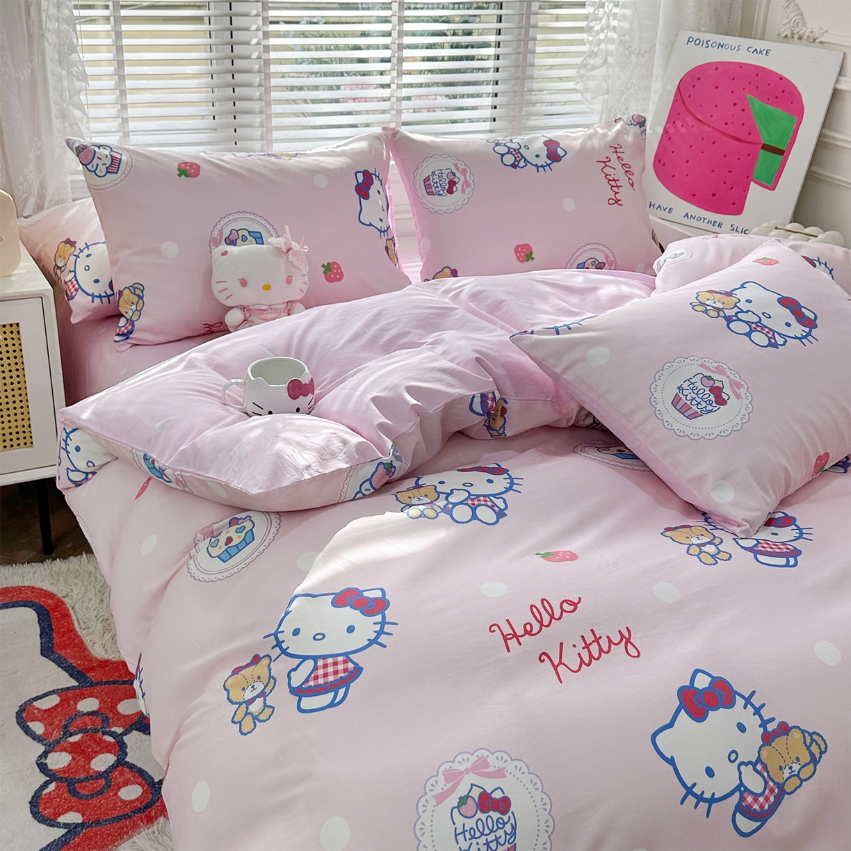 91家纺网 家纺一手货源 找家纺 玉元坊 2026新款正版授权三丽鸥系列全棉纯棉床单四件套学生三件套-凯蒂猫系列 KT和熊粉【简约款】