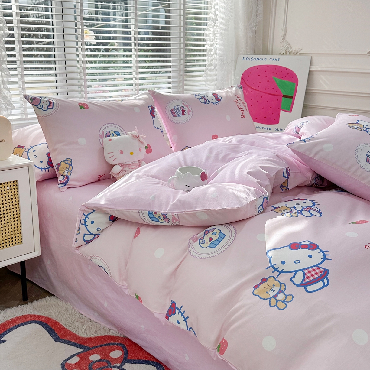 91家纺网 家纺一手货源 找家纺 玉元坊 2026新款正版授权三丽鸥系列全棉纯棉床单四件套学生三件套-凯蒂猫系列 KT和熊粉【简约款】