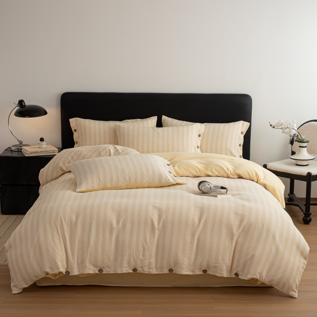 91家纺网 家纺一手货源 找家纺 女子家纺 2026新款A类棉麻纽扣款四件套--条纹格子系列 黄条-暖梦