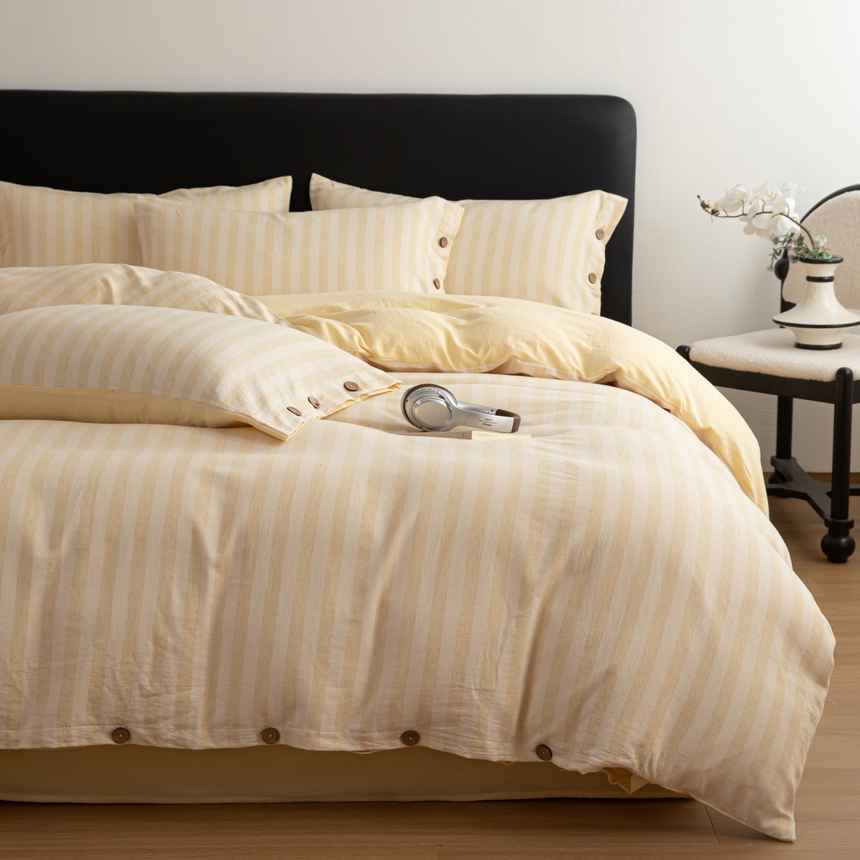 女子家纺 2026新款A类棉麻纽扣款四件套--条纹格子系列 黄条-暖梦