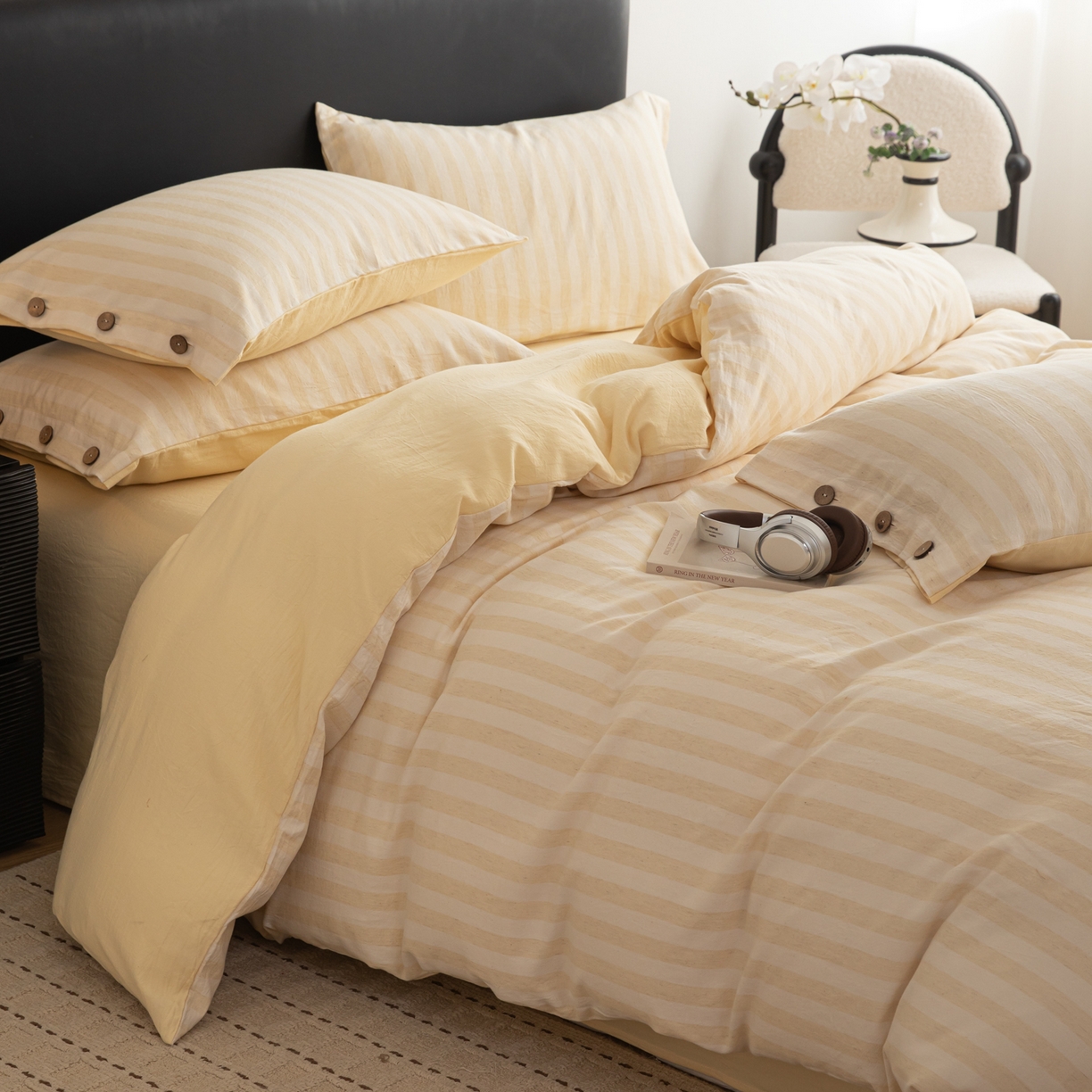 91家纺网 家纺一手货源 找家纺 女子家纺 2026新款A类棉麻纽扣款四件套--条纹格子系列 黄条-暖梦