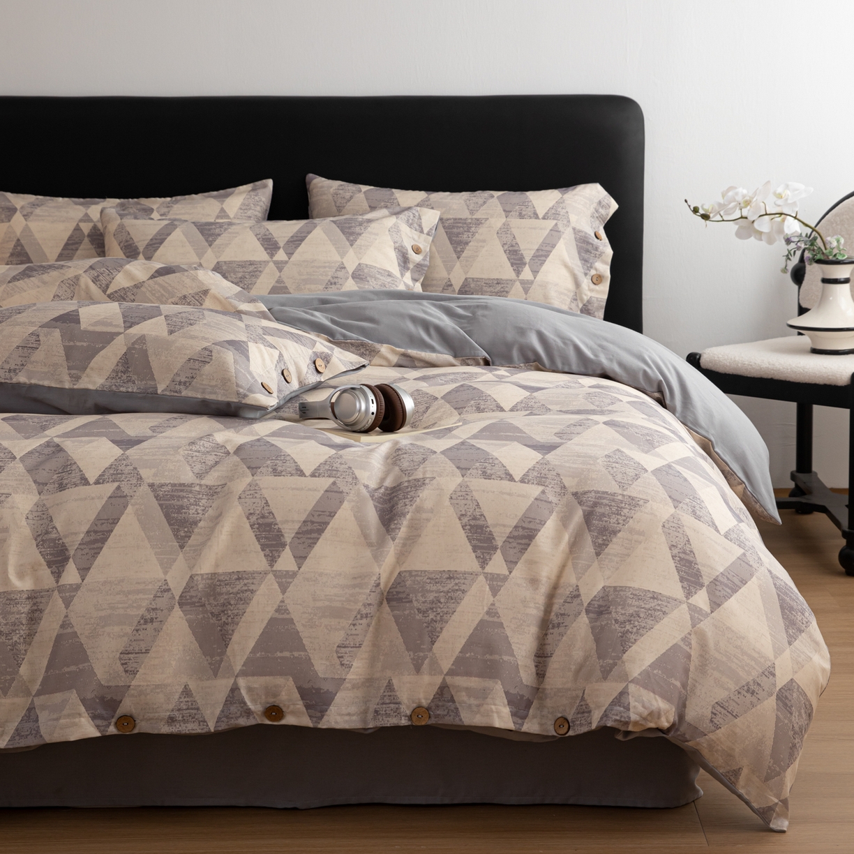 女子家纺 2026新款A类棉麻纽扣款四件套--条纹格子系列 几何灰调