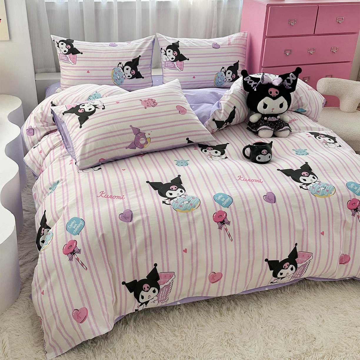 91家纺网 家纺一手货源 找家纺 玉元坊 2026新款正版授权三丽鸥系列全棉纯棉床单四件套学生三件套-库洛米系列 条纹库洛米【简约款】