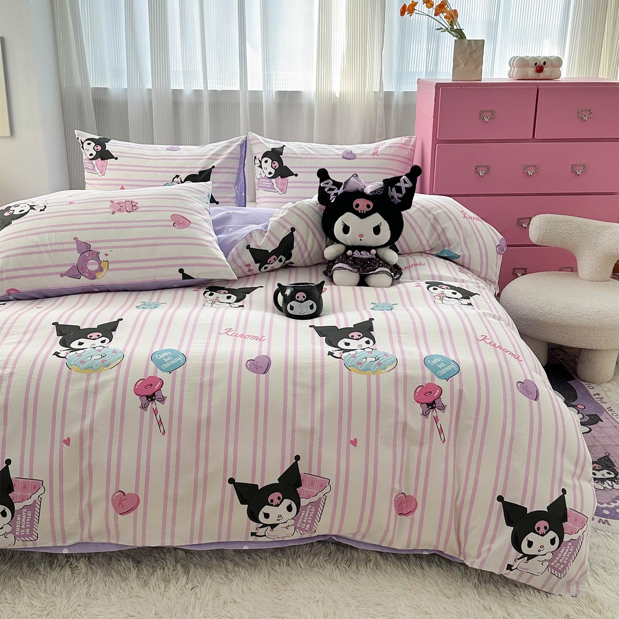 91家纺网 家纺一手货源 找家纺 玉元坊 2026新款正版授权三丽鸥系列全棉纯棉床单四件套学生三件套-库洛米系列 条纹库洛米【简约款】