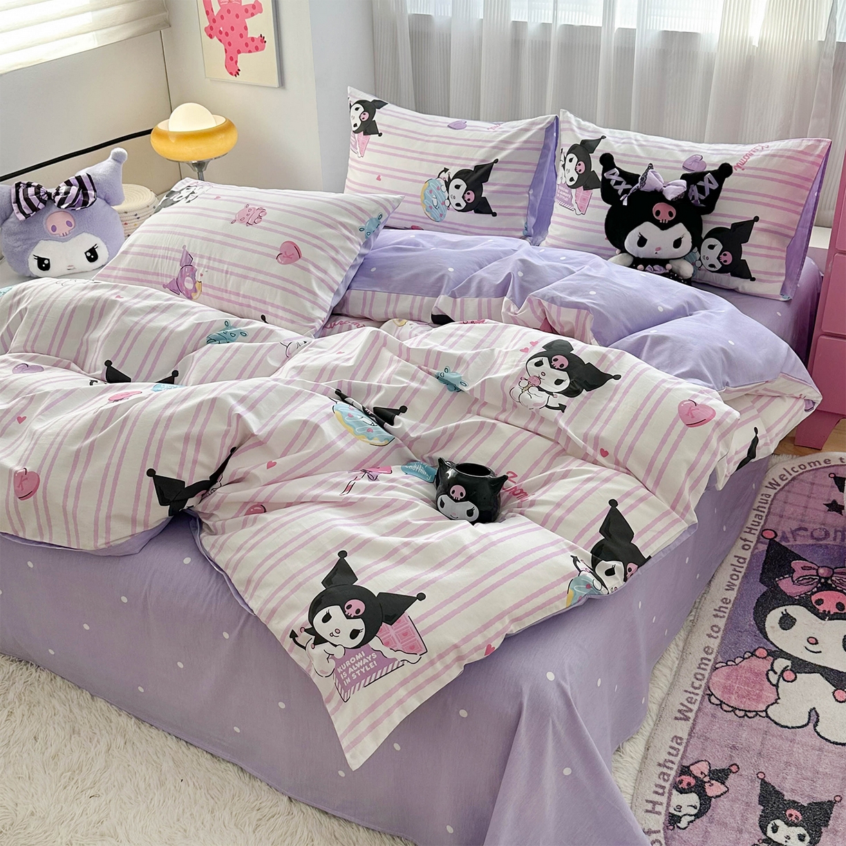 91家纺网 家纺一手货源 找家纺 玉元坊 2026新款正版授权三丽鸥系列全棉纯棉床单四件套学生三件套-库洛米系列 条纹库洛米【简约款】