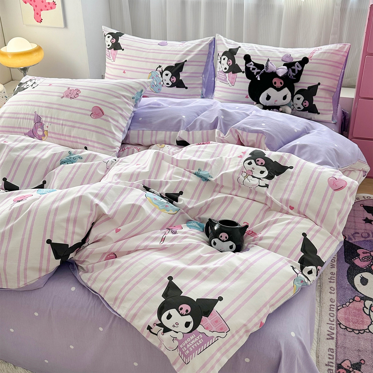 91家纺网 家纺一手货源 找家纺 玉元坊 2026新款正版授权三丽鸥系列全棉纯棉床单四件套学生三件套-库洛米系列 条纹库洛米【简约款】