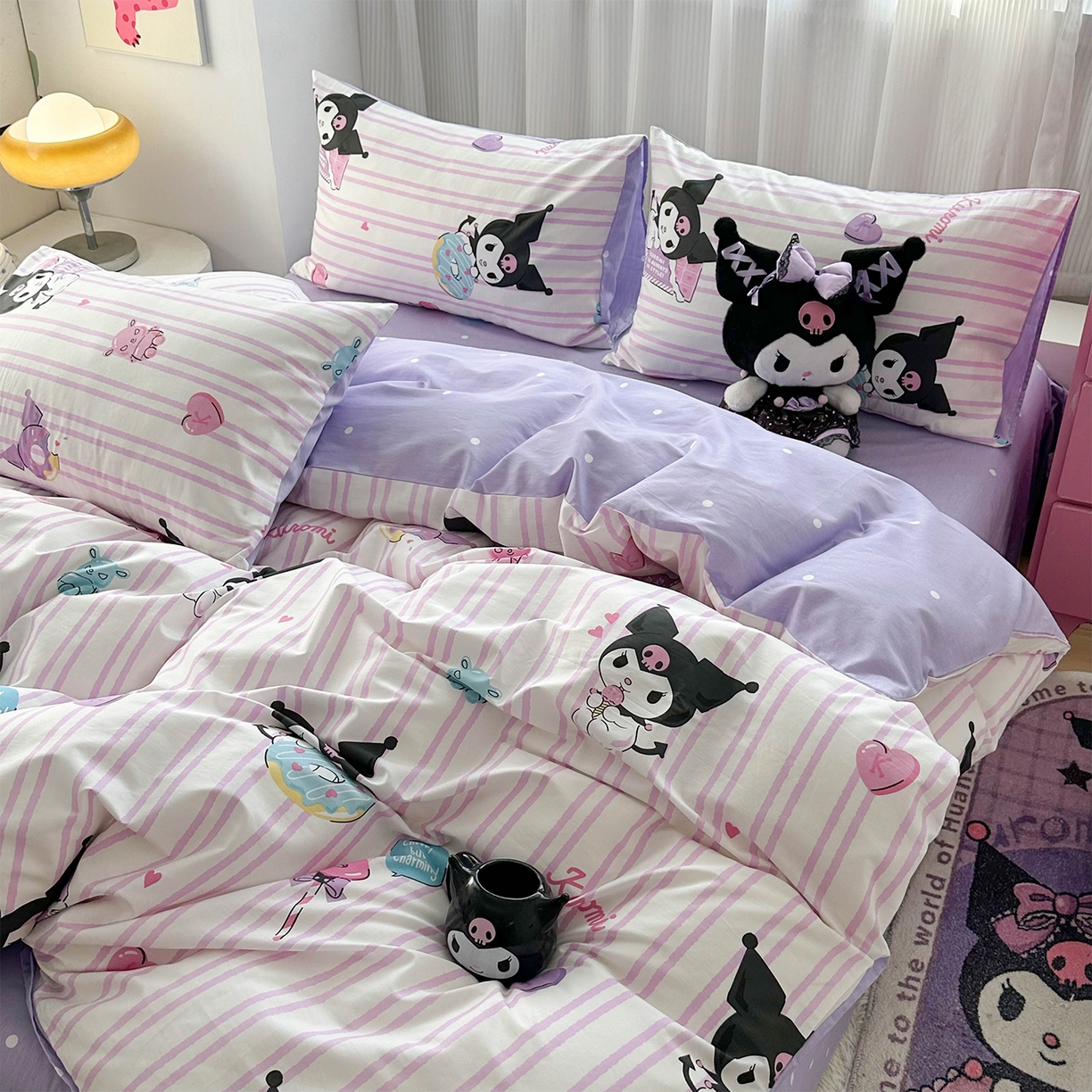 91家纺网 家纺一手货源 找家纺 玉元坊 2026新款正版授权三丽鸥系列全棉纯棉床单四件套学生三件套-库洛米系列 条纹库洛米【简约款】