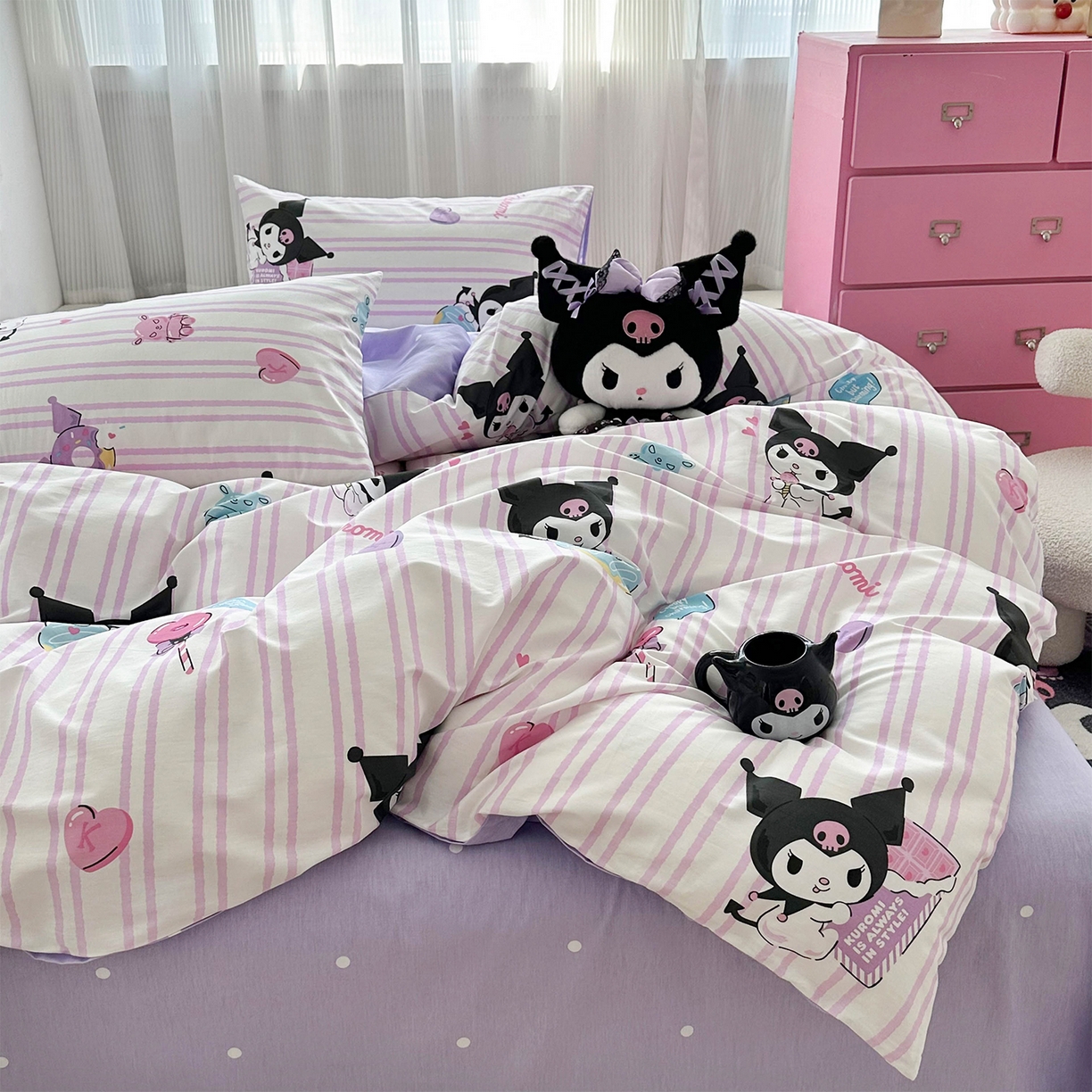 91家纺网 家纺一手货源 找家纺 玉元坊 2026新款正版授权三丽鸥系列全棉纯棉床单四件套学生三件套-库洛米系列 条纹库洛米【简约款】