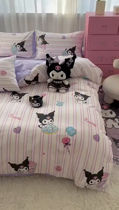 91家纺网 家纺一手货源 找家纺 玉元坊 2026新款正版授权三丽鸥系列全棉纯棉床单四件套学生三件套-库洛米系列 条纹库洛米【简约款】