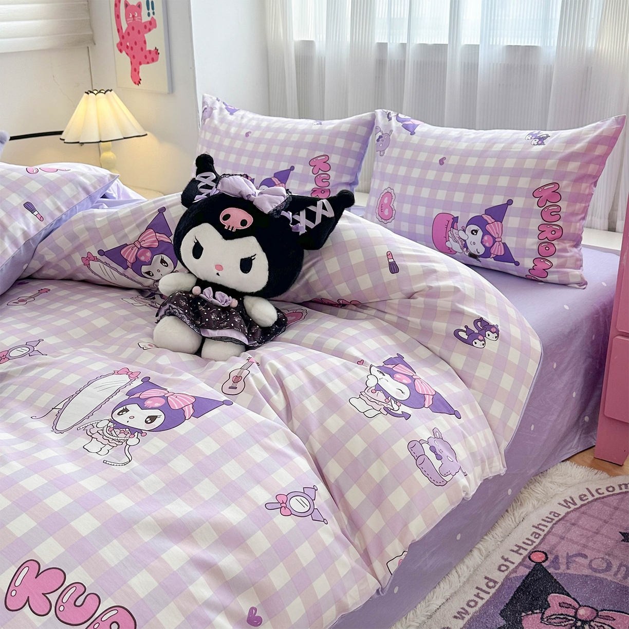 91家纺网 家纺一手货源 找家纺 玉元坊 2026新款正版授权三丽鸥系列全棉纯棉床单四件套学生三件套-库洛米系列 紫格库洛米【简约款】