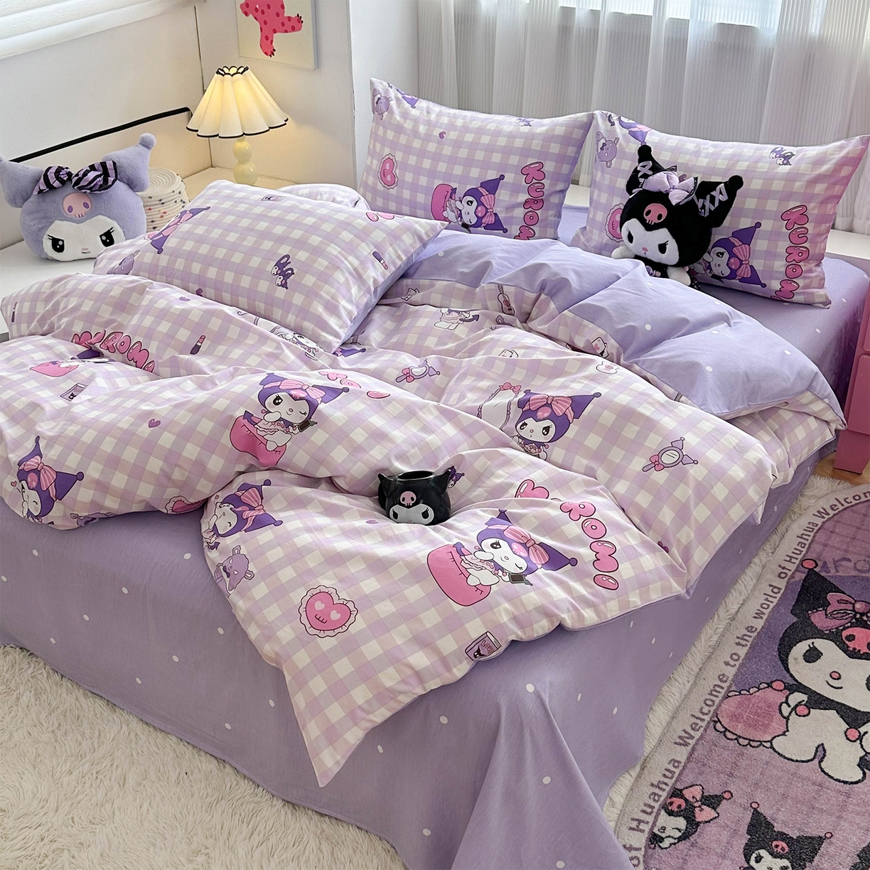 91家纺网 家纺一手货源 找家纺 玉元坊 2026新款正版授权三丽鸥系列全棉纯棉床单四件套学生三件套-库洛米系列 紫格库洛米【简约款】