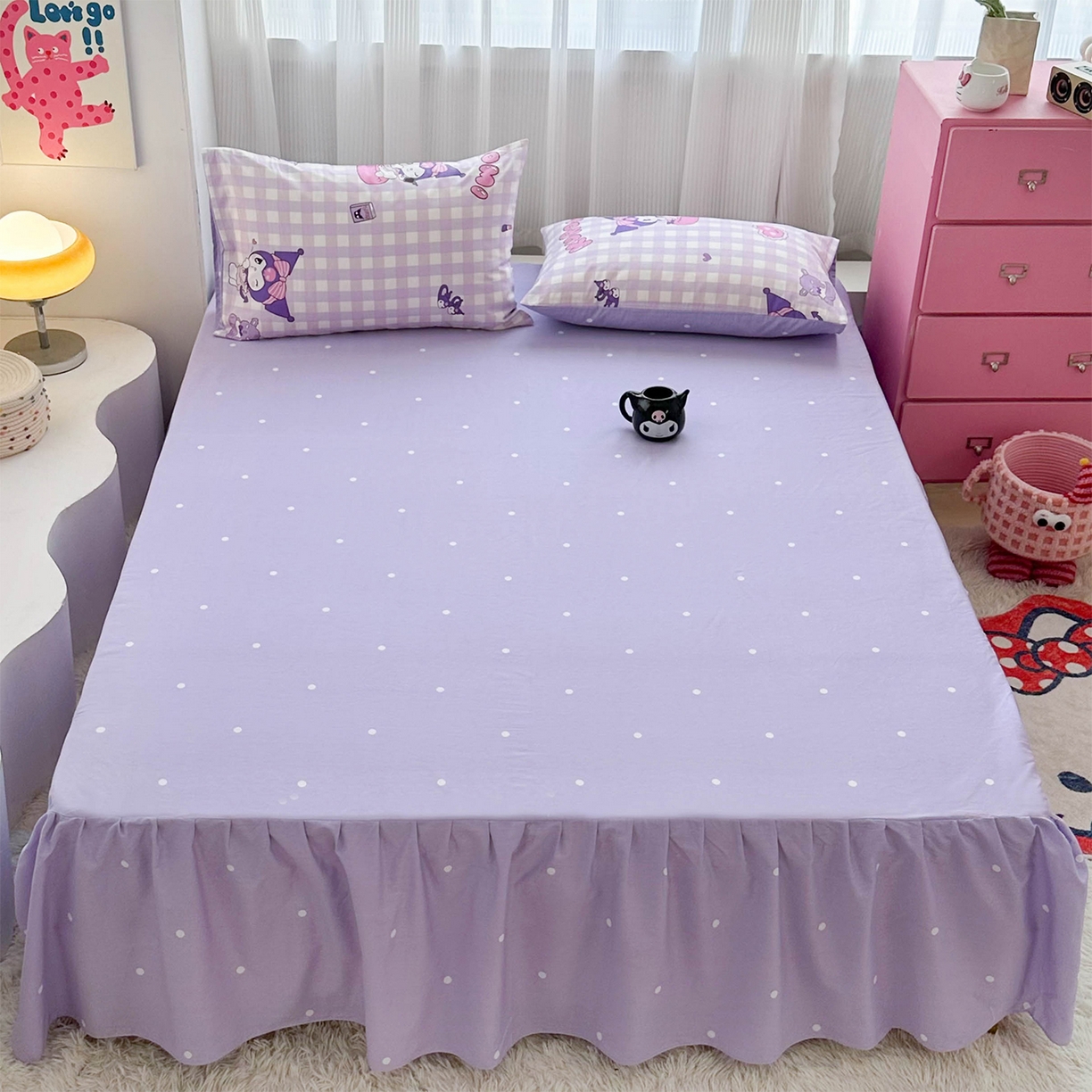 91家纺网 家纺一手货源 找家纺 玉元坊 2026新款正版授权三丽鸥系列全棉纯棉床单四件套学生三件套-库洛米系列 紫格库洛米【简约款】