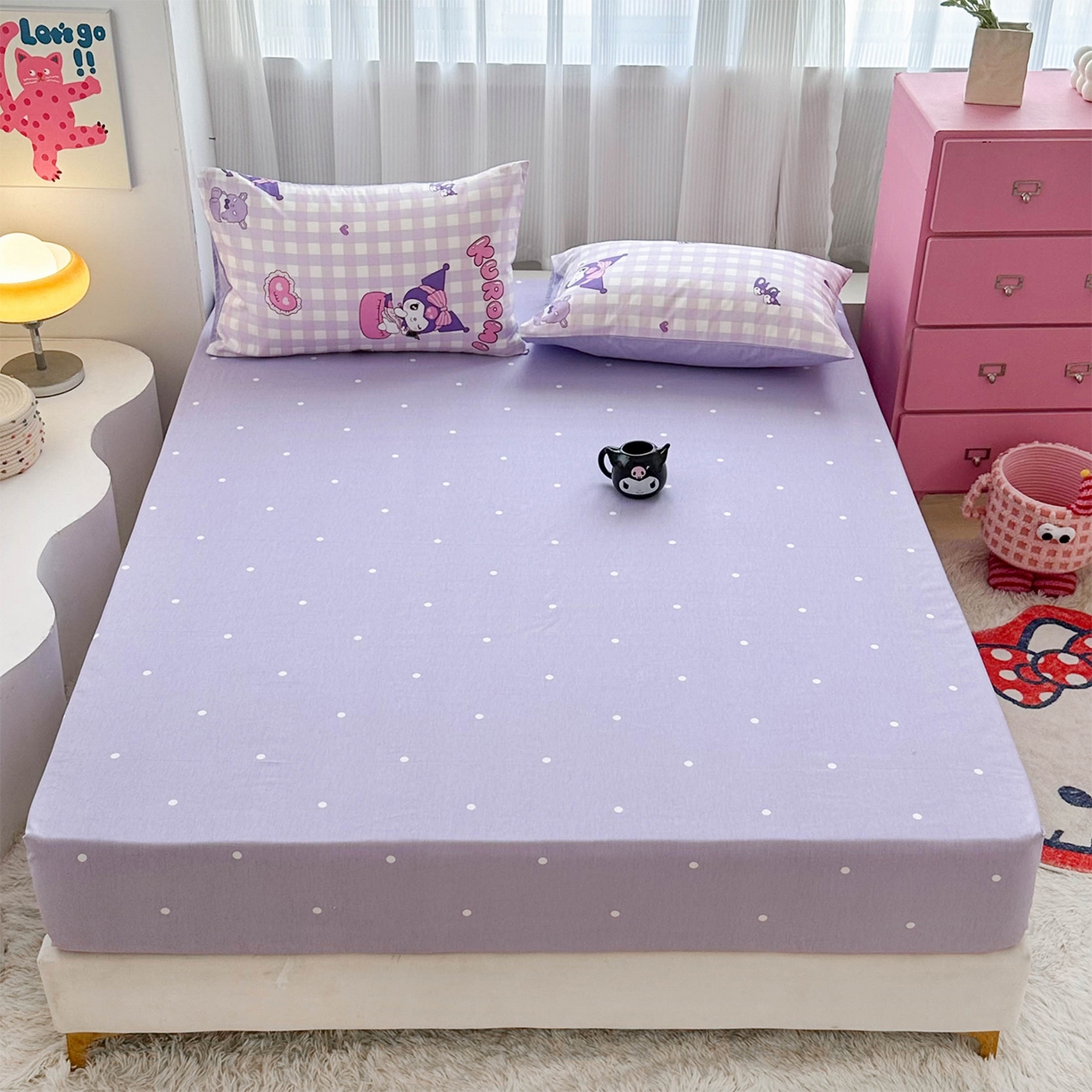 91家纺网 家纺一手货源 找家纺 玉元坊 2026新款正版授权三丽鸥系列全棉纯棉床单四件套学生三件套-库洛米系列 紫格库洛米【简约款】